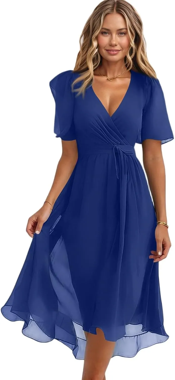 Summer Floral Dresses for Women 2025 Midi Chiffon Dresses Wedding Guest Dress V Neck Short Sleeve Tie Waist Ruffled Hem