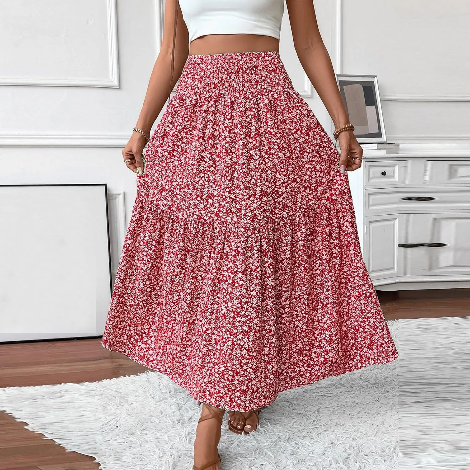 Summer Skirts for Women 2025 Vacation Beach Boho Floral Midi Skirt Tiered Elastic High Waisted Flowy Skirts