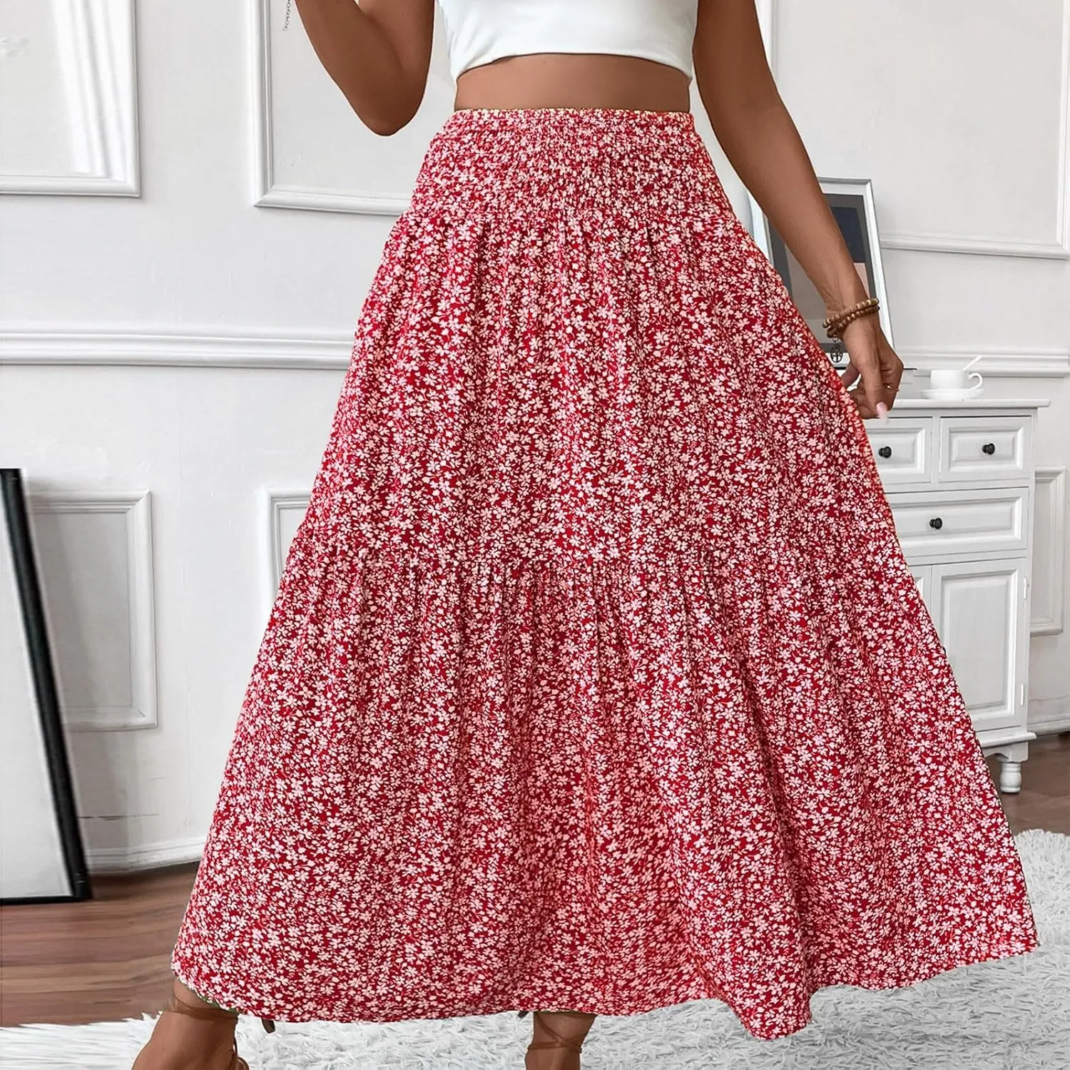 Summer Skirts for Women 2025 Vacation Beach Boho Floral Midi Skirt Tiered Elastic High Waisted Flowy Skirts