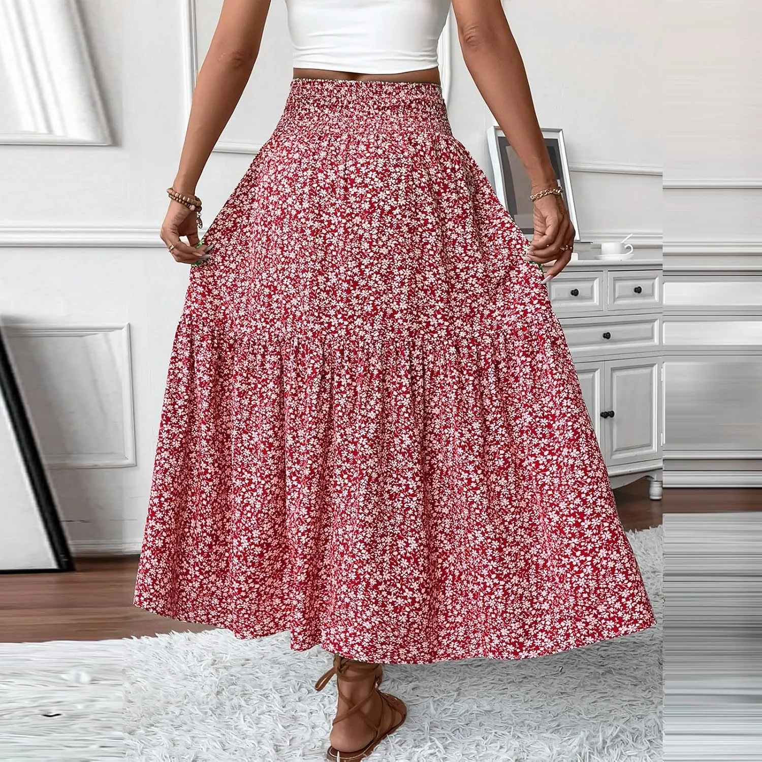 Summer Skirts for Women 2025 Vacation Beach Boho Floral Midi Skirt Tiered Elastic High Waisted Flowy Skirts