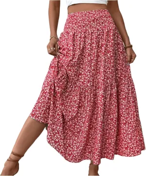 Summer Skirts for Women 2025 Vacation Beach Boho Floral Midi Skirt Tiered Elastic High Waisted Flowy Skirts