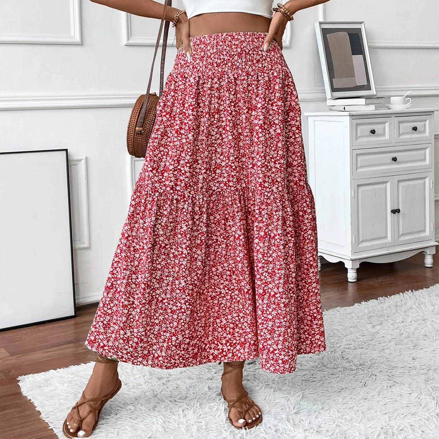 Summer Skirts for Women 2025 Vacation Beach Boho Floral Midi Skirt Tiered Elastic High Waisted Flowy Skirts