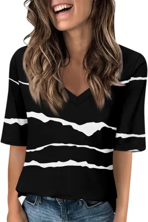 Summer Tops for Women 2024 Elbow Length V-Neck T Shirts Dressy Casual Half Sleeve Fit Basic Tee Tunic Tops Blouse