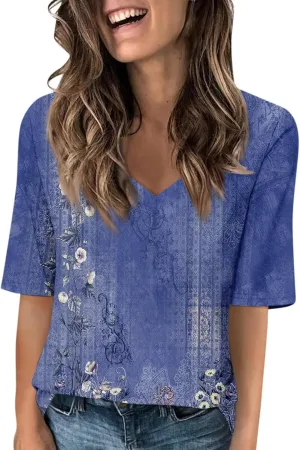 Summer Tops for Women 2024 Elbow Length V-Neck T Shirts Dressy Casual Half Sleeve Fit Basic Tee Tunic Tops Blouse