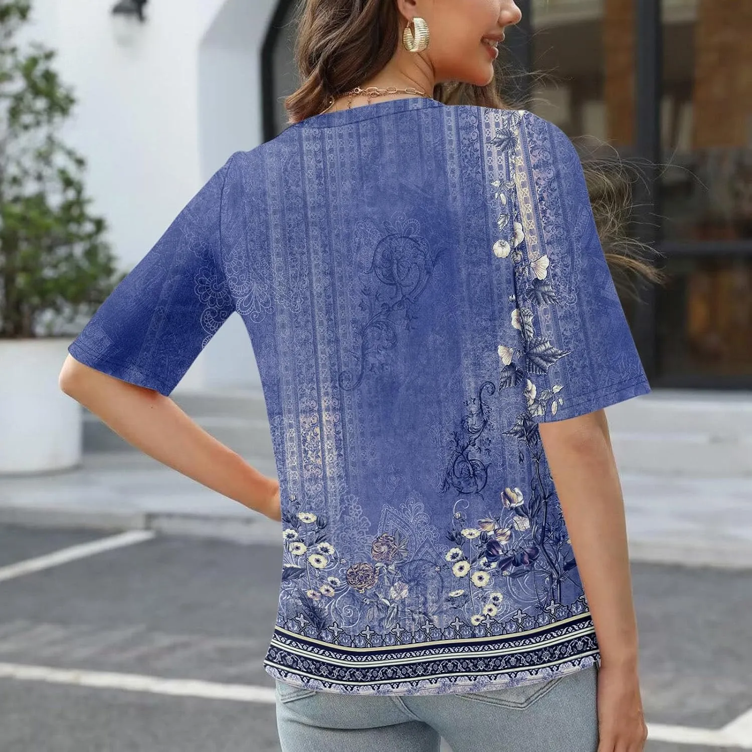 Summer Tops for Women 2024 Elbow Length V-Neck T Shirts Dressy Casual Half Sleeve Fit Basic Tee Tunic Tops Blouse