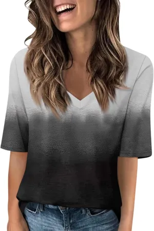 Summer Tops for Women 2024 Half Sleeve top Printed V Neck Shirts Gradient Loose Fit Elbow Length Sleeve Blouse