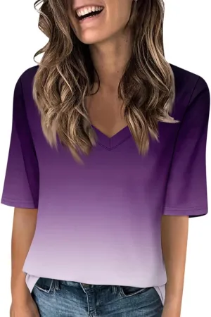 Summer Tops for Women 2024 Half Sleeve top Printed V Neck Shirts Gradient Loose Fit Elbow Length Sleeve Blouse