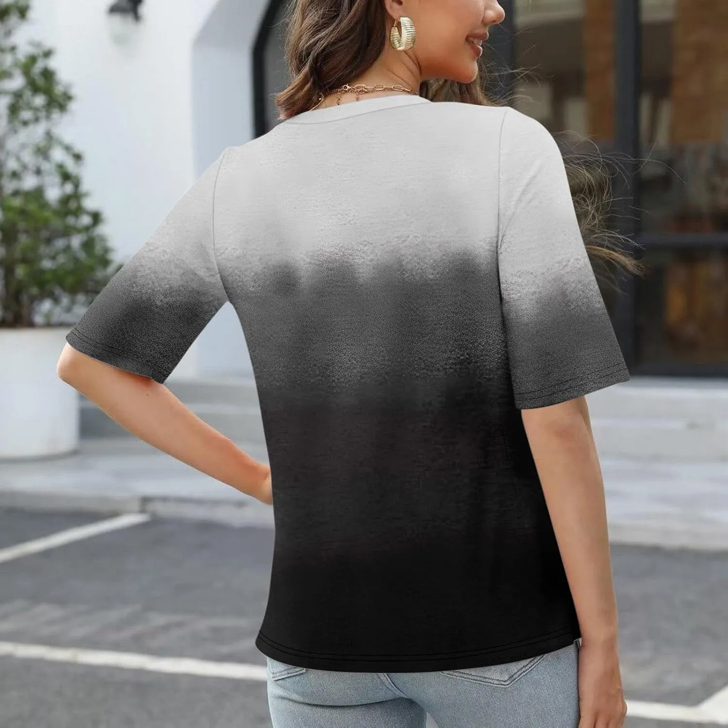 Summer Tops for Women 2024 Half Sleeve top Printed V Neck Shirts Gradient Loose Fit Elbow Length Sleeve Blouse