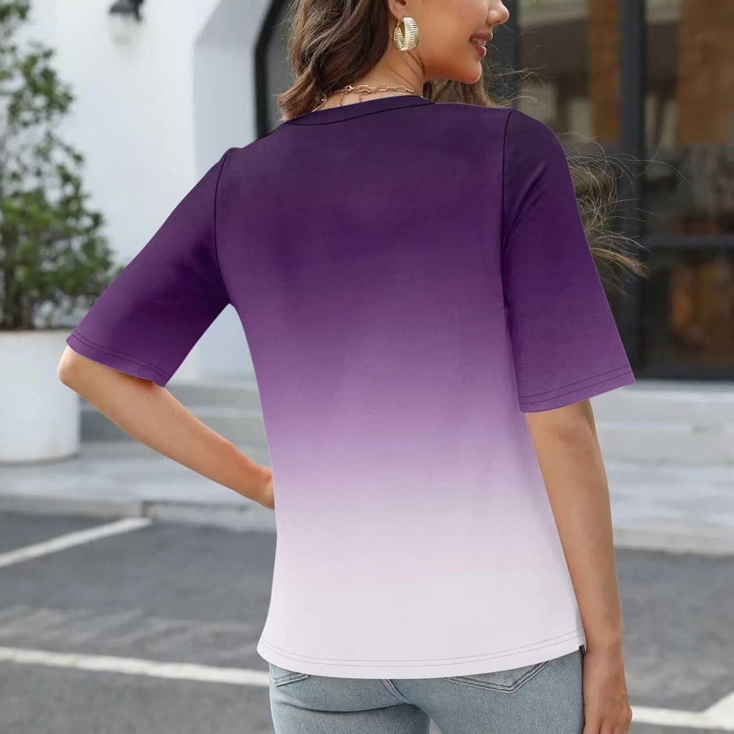 Summer Tops for Women 2024 Half Sleeve top Printed V Neck Shirts Gradient Loose Fit Elbow Length Sleeve Blouse