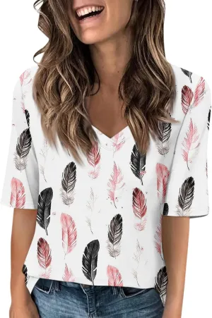 Summer Tops for Women 2024 Half Sleeve top Printed V Neck Shirts Gradient Loose Fit Elbow Length Sleeve Blouse
