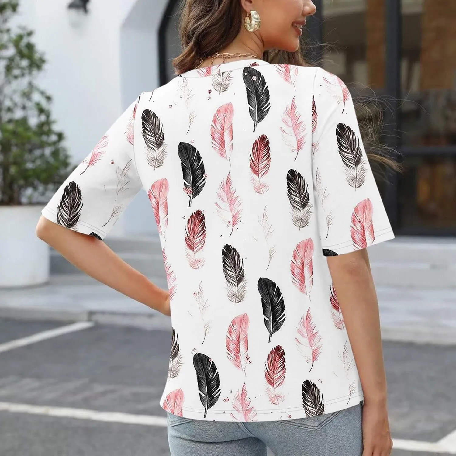 Summer Tops for Women 2024 Half Sleeve top Printed V Neck Shirts Gradient Loose Fit Elbow Length Sleeve Blouse