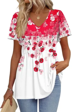 Summer Tops for Women 2025 Babydoll Short Sleeve Shirts V Neck T Shirts Puff Sleeve Peplum Tops