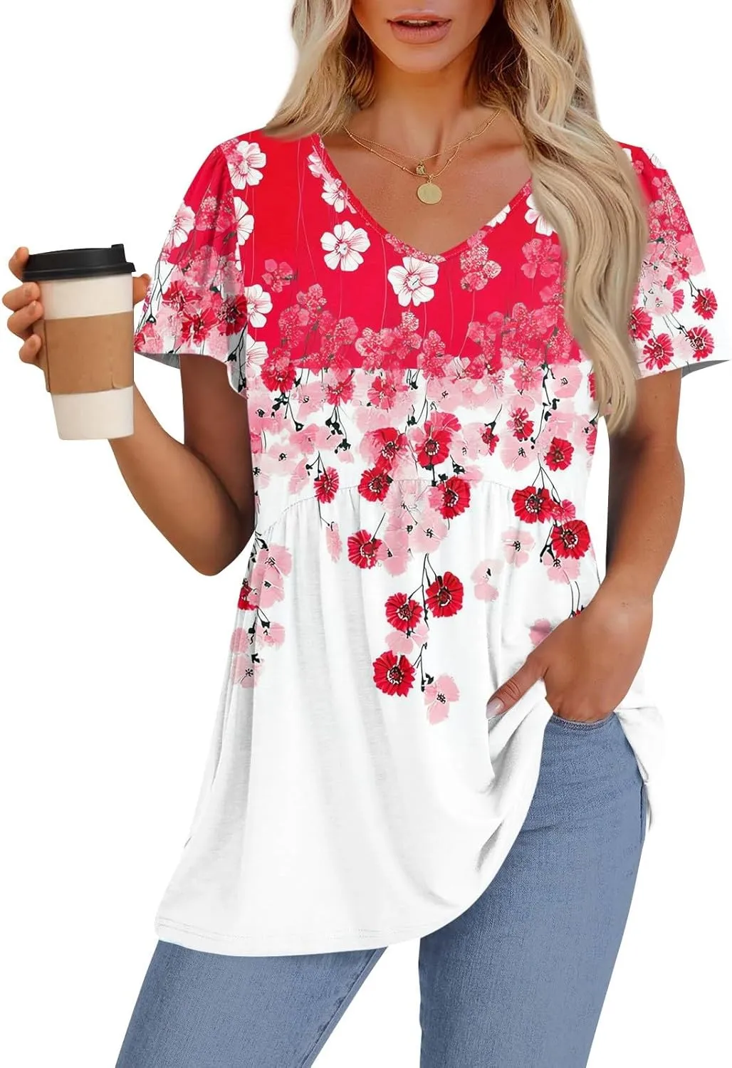 Summer Tops for Women 2025 Babydoll Short Sleeve Shirts V Neck T Shirts Puff Sleeve Peplum Tops