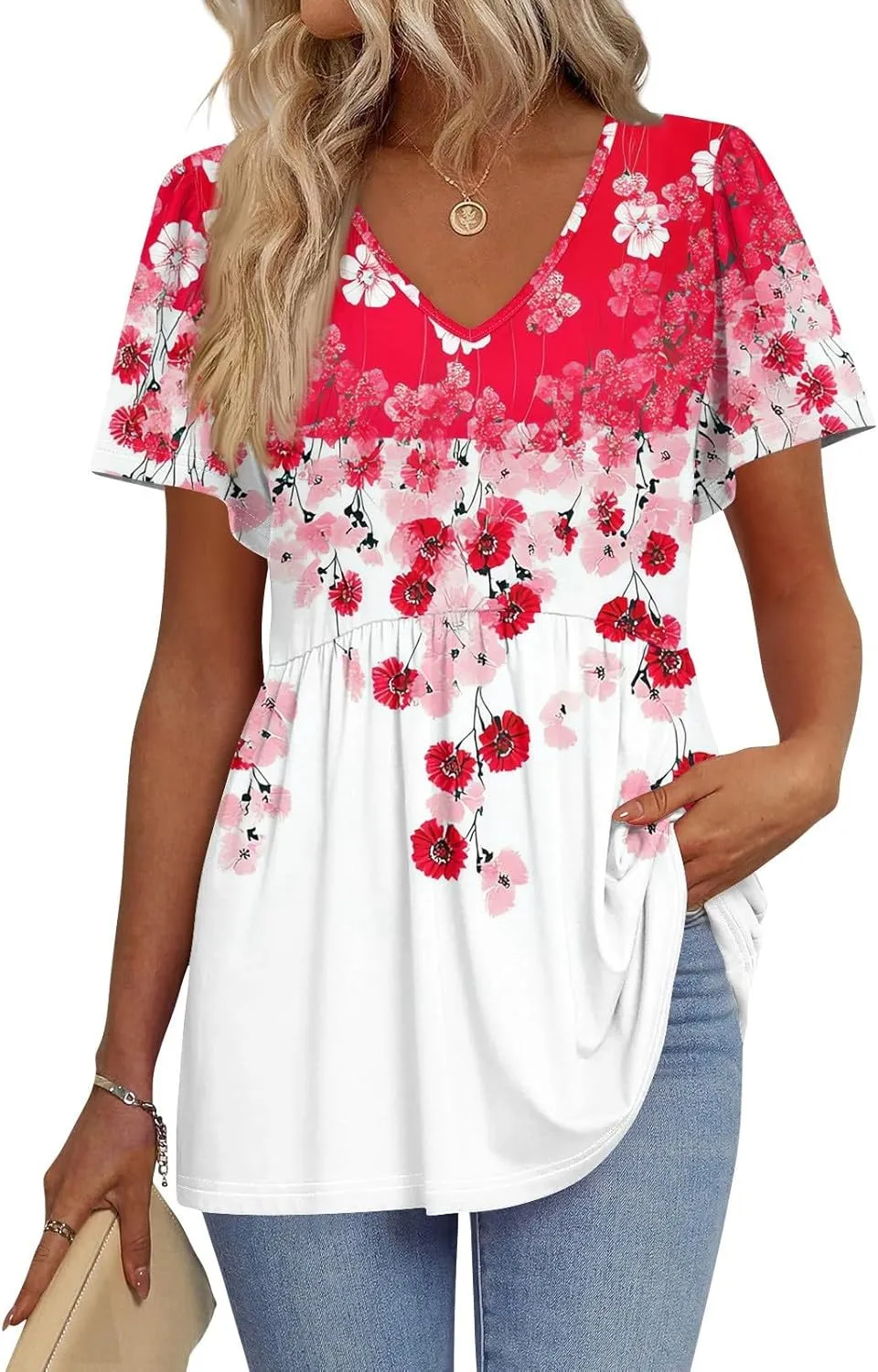 Summer Tops for Women 2025 Babydoll Short Sleeve Shirts V Neck T Shirts Puff Sleeve Peplum Tops