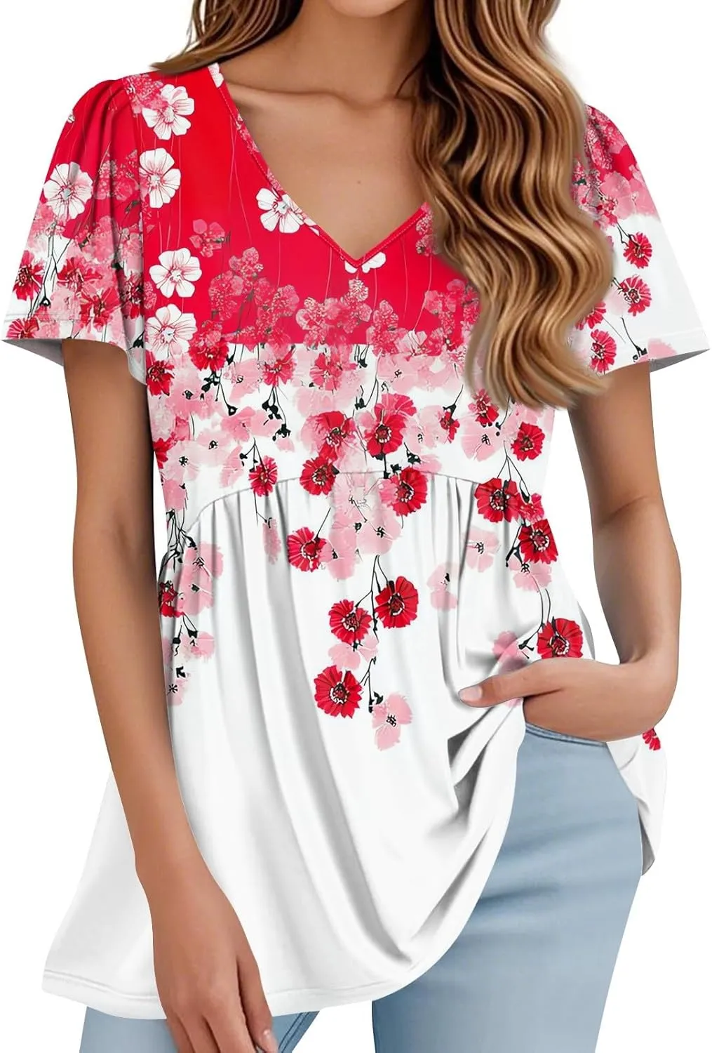 Summer Tops for Women 2025 Babydoll Short Sleeve Shirts V Neck T Shirts Puff Sleeve Peplum Tops