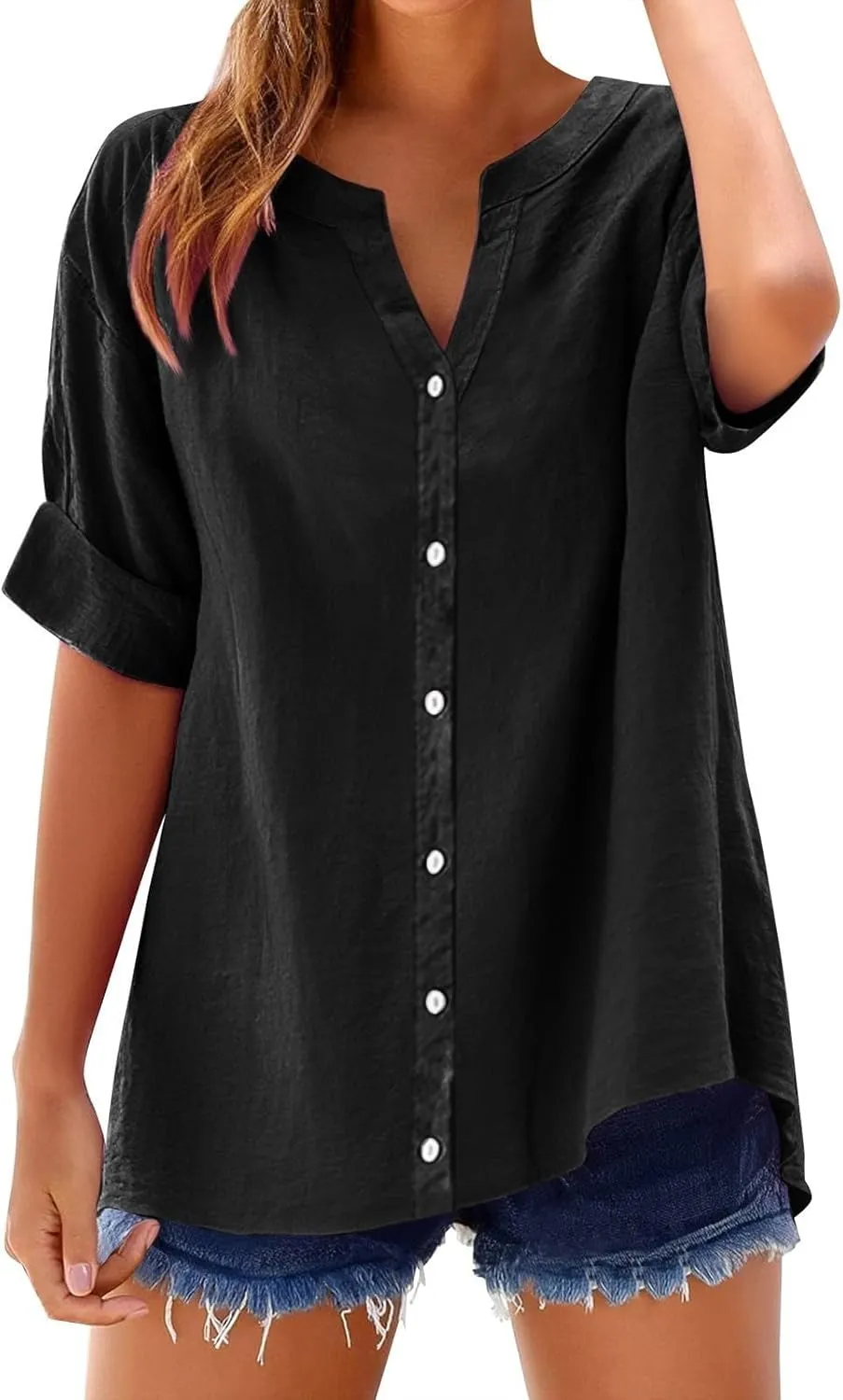 Summer Tops for Women 2025 Short Sleeve V Neck T Shirts Plain Linen Button Down Shirt Womens Loose Fitting Tops