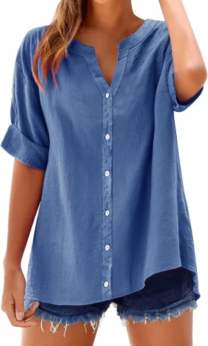 Summer Tops for Women 2025 Short Sleeve V Neck T Shirts Plain Linen Button Down Shirt Womens Loose Fitting Tops