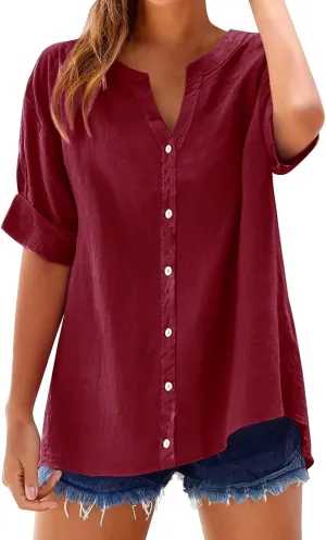 Summer Tops for Women 2025 Short Sleeve V Neck T Shirts Plain Linen Button Down Shirt Womens Loose Fitting Tops