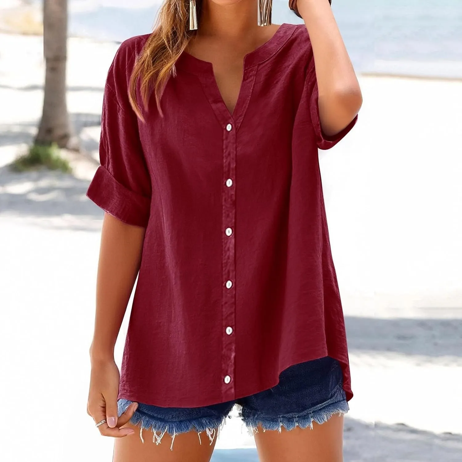 Summer Tops for Women 2025 Short Sleeve V Neck T Shirts Plain Linen Button Down Shirt Womens Loose Fitting Tops