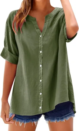 Summer Tops for Women 2025 Short Sleeve V Neck T Shirts Plain Linen Button Down Shirt Womens Loose Fitting Tops