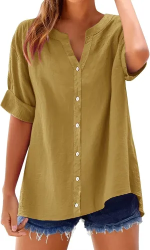 Summer Tops for Women 2025 Short Sleeve V Neck T Shirts Plain Linen Button Down Shirt Womens Loose Fitting Tops