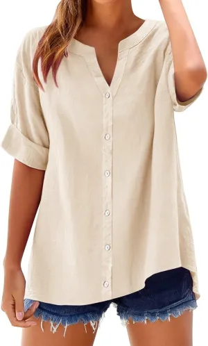 Summer Tops for Women 2025 Short Sleeve V Neck T Shirts Plain Linen Button Down Shirt Womens Loose Fitting Tops