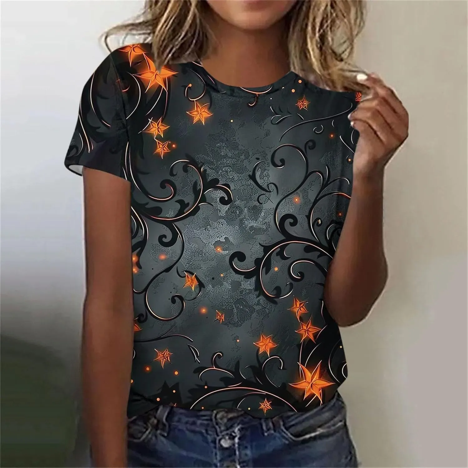 Summer Tops for Women 2025 Trendy Short Sleeve Boho Shirts Retro Floral Graphic Tees Plus Size Casual Crew Neck Tshirt