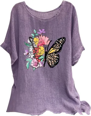 Summer Tunic Tops for Women Lightweight Comfy Tees Dragonfly Trendy Blouses Plus Size Linen 3/4 Length Sleeve Clothes
