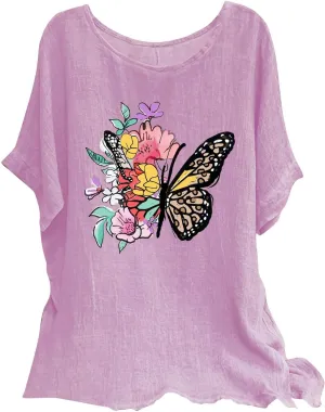Summer Tunic Tops for Women Lightweight Comfy Tees Dragonfly Trendy Blouses Plus Size Linen 3/4 Length Sleeve Clothes
