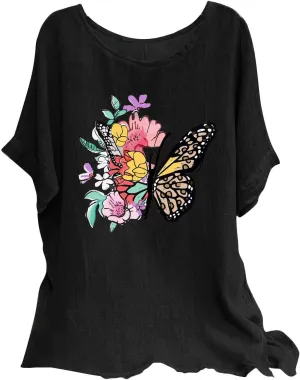 Summer Tunic Tops for Women Lightweight Comfy Tees Dragonfly Trendy Blouses Plus Size Linen 3/4 Length Sleeve Clothes