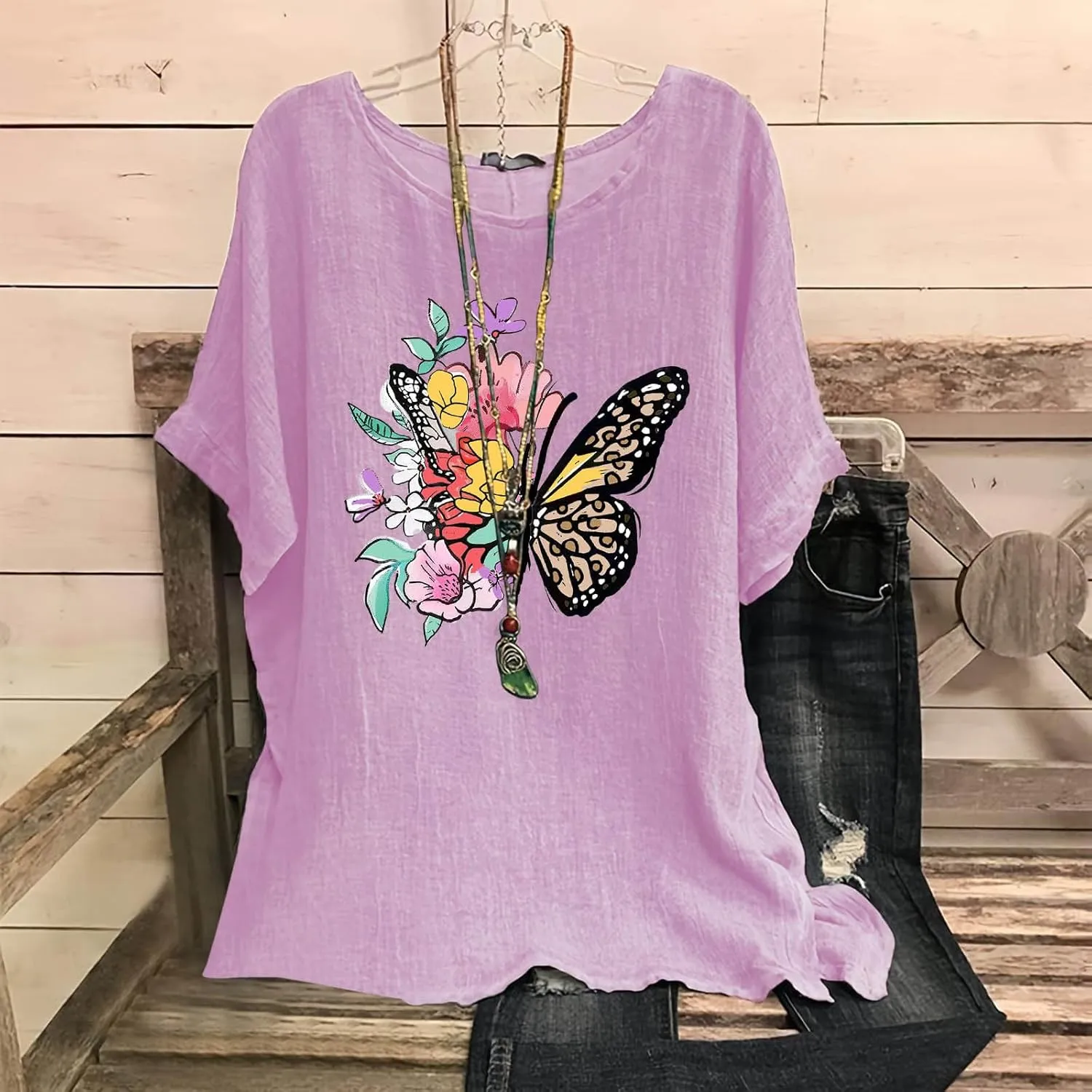 Summer Tunic Tops for Women Lightweight Comfy Tees Dragonfly Trendy Blouses Plus Size Linen 3/4 Length Sleeve Clothes