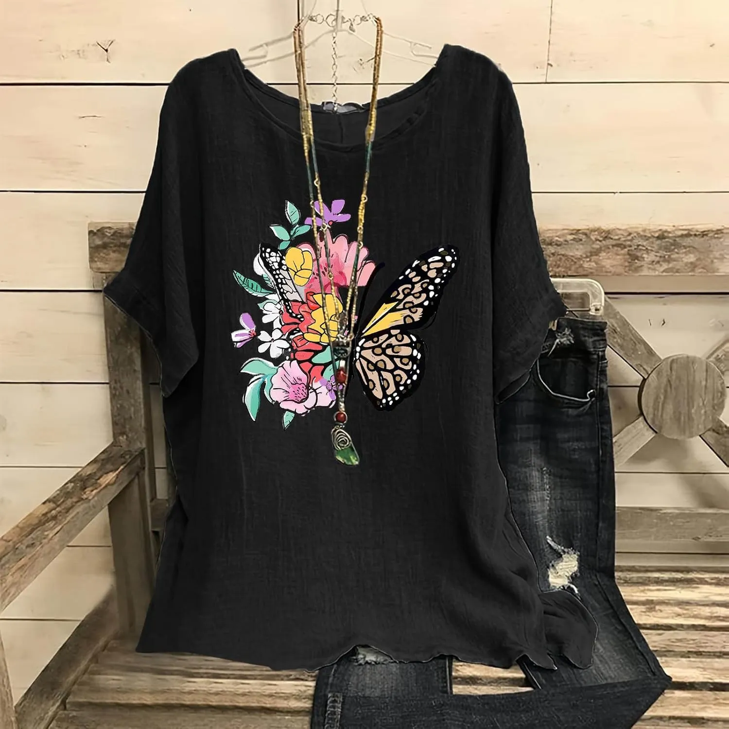 Summer Tunic Tops for Women Lightweight Comfy Tees Dragonfly Trendy Blouses Plus Size Linen 3/4 Length Sleeve Clothes