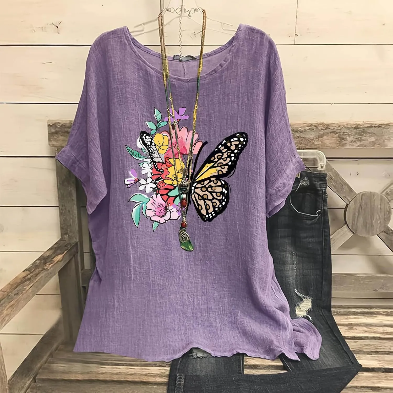 Summer Tunic Tops for Women Lightweight Comfy Tees Dragonfly Trendy Blouses Plus Size Linen 3/4 Length Sleeve Clothes