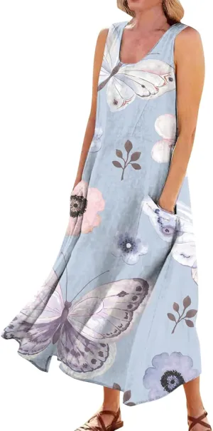 Sundresses for Women Floral Printed Sleeveless Sundresses Pockets a Line Maxi Dresses Casual Loose Long Dresses