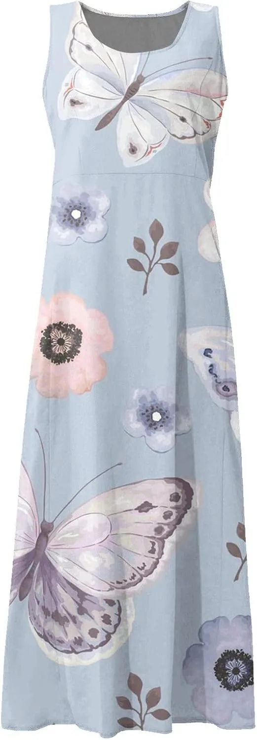 Sundresses for Women Floral Printed Sleeveless Sundresses Pockets a Line Maxi Dresses Casual Loose Long Dresses