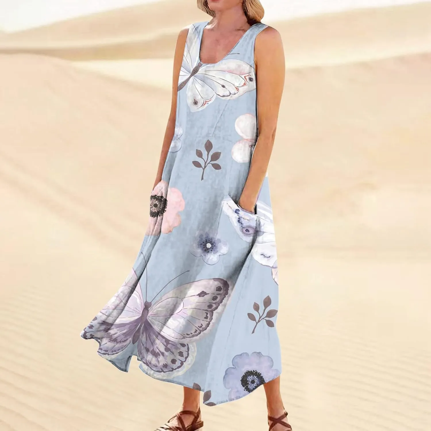 Sundresses for Women Floral Printed Sleeveless Sundresses Pockets a Line Maxi Dresses Casual Loose Long Dresses