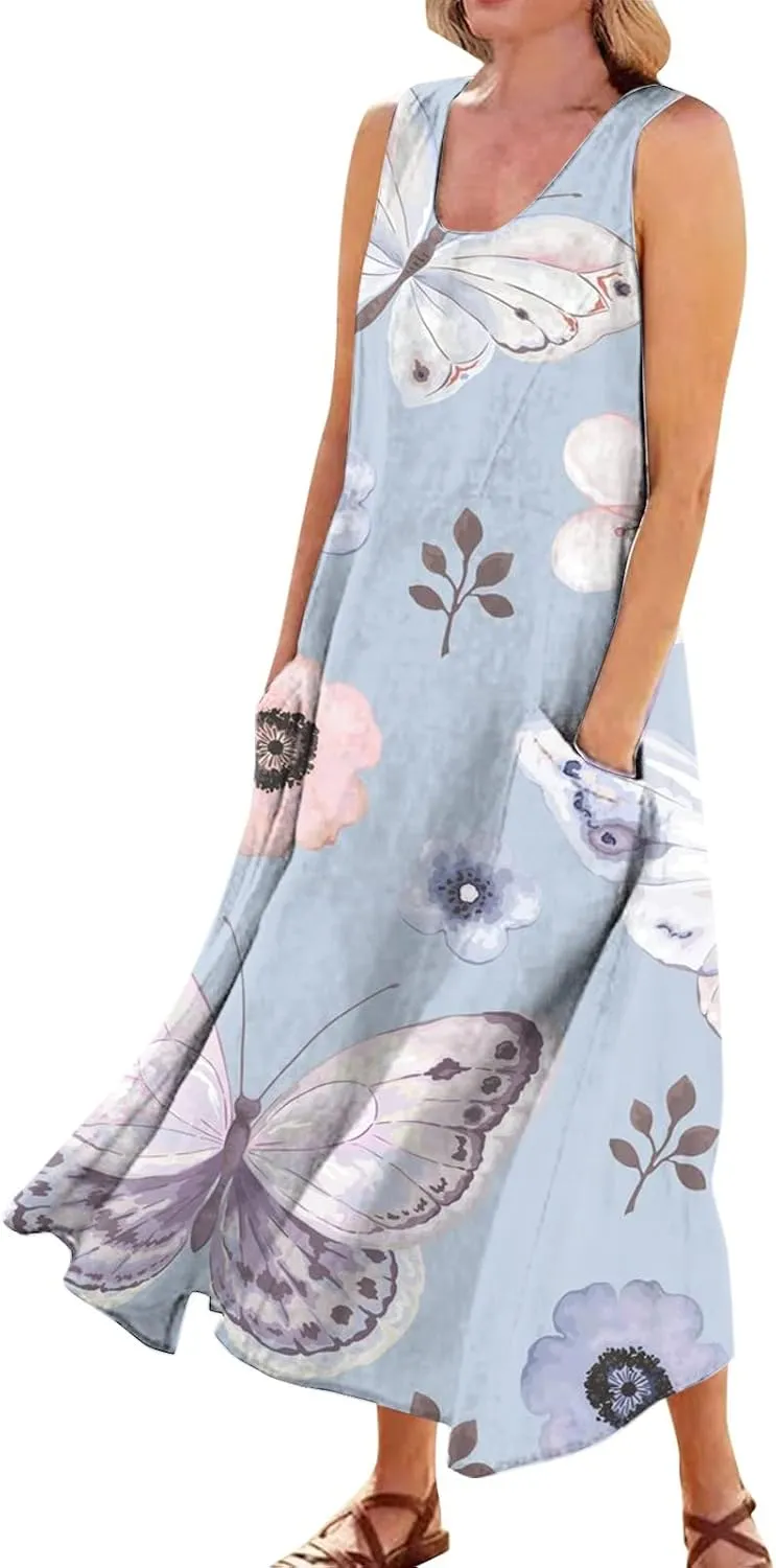 Sundresses for Women Floral Printed Sleeveless Sundresses Pockets a Line Maxi Dresses Casual Loose Long Dresses