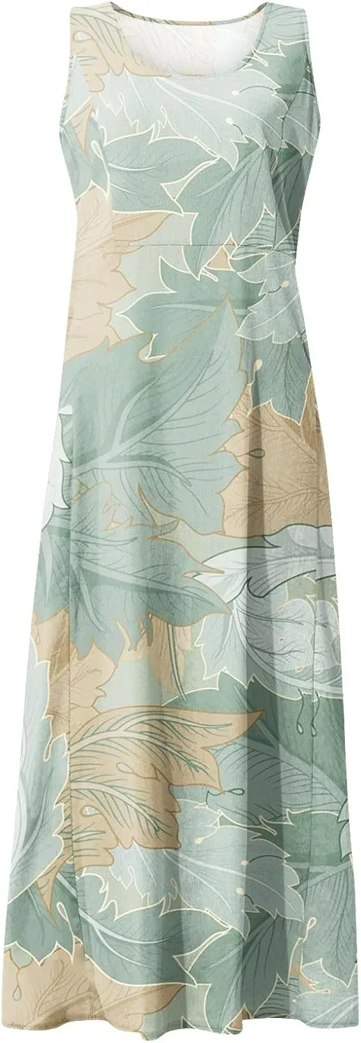 Sundresses for Women Floral Printed Sleeveless Sundresses Pockets a Line Maxi Dresses Casual Loose Long Dresses
