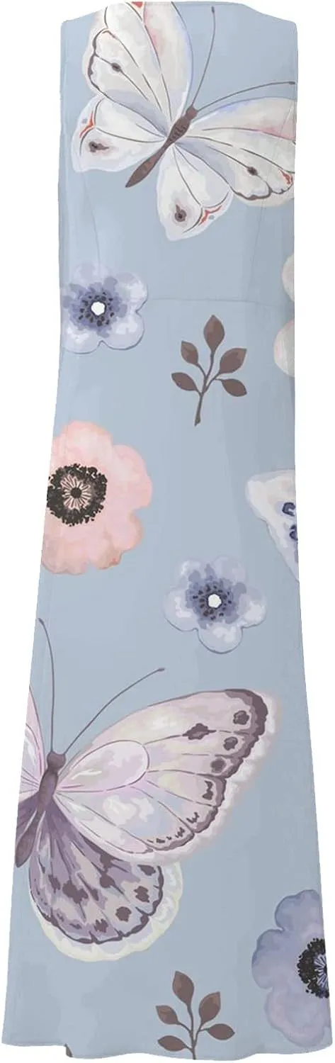Sundresses for Women Floral Printed Sleeveless Sundresses Pockets a Line Maxi Dresses Casual Loose Long Dresses
