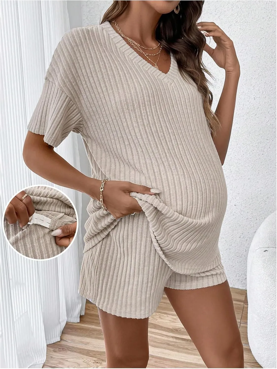 SweatyRocks Women's Maternity 2 Piece Outfits V Neck Short Sleeve Top and Elastic Waist Shorts Set