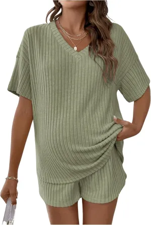 SweatyRocks Women's Maternity 2 Piece Outfits V Neck Short Sleeve Top and Elastic Waist Shorts Set