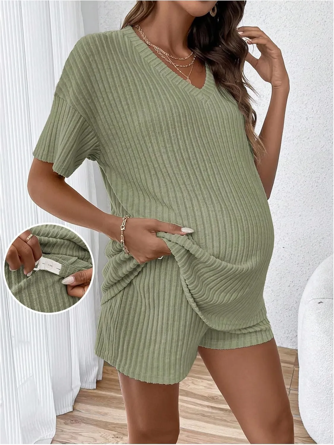 SweatyRocks Women's Maternity 2 Piece Outfits V Neck Short Sleeve Top and Elastic Waist Shorts Set