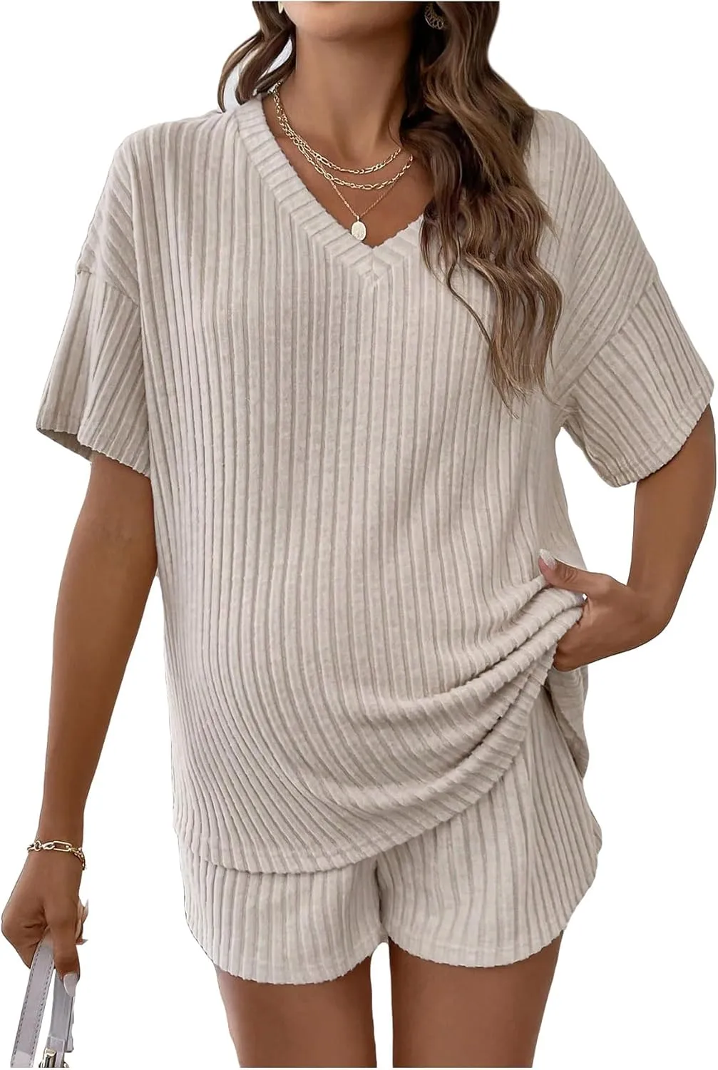 SweatyRocks Women's Maternity 2 Piece Outfits V Neck Short Sleeve Top and Elastic Waist Shorts Set