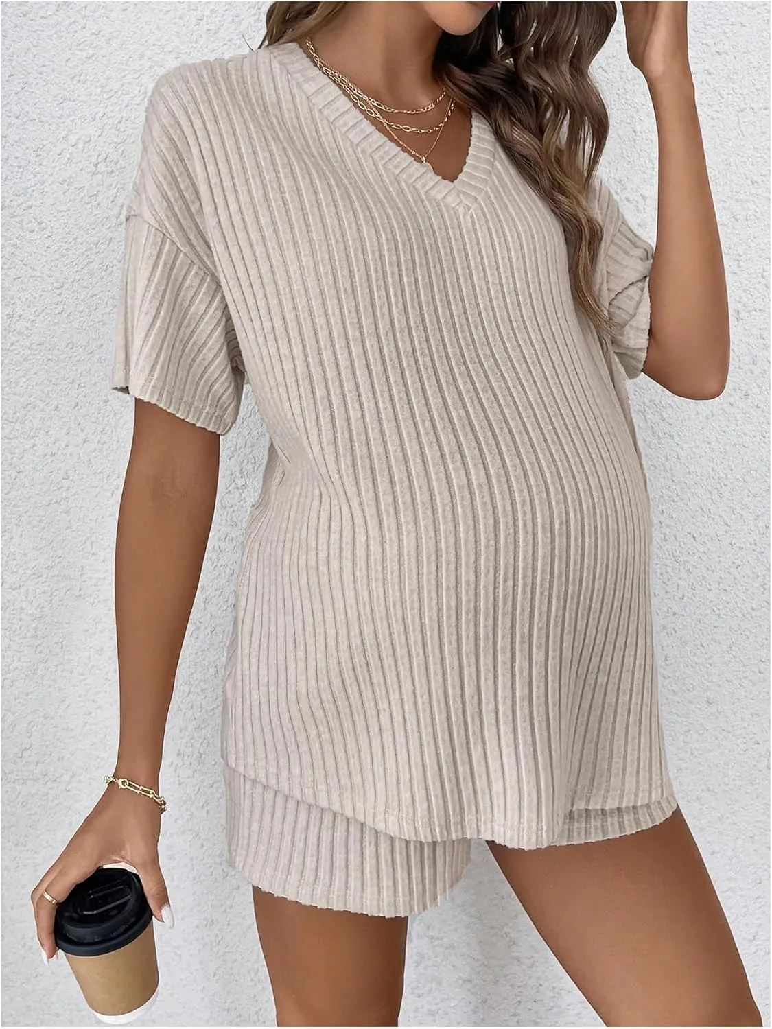 SweatyRocks Women's Maternity 2 Piece Outfits V Neck Short Sleeve Top and Elastic Waist Shorts Set