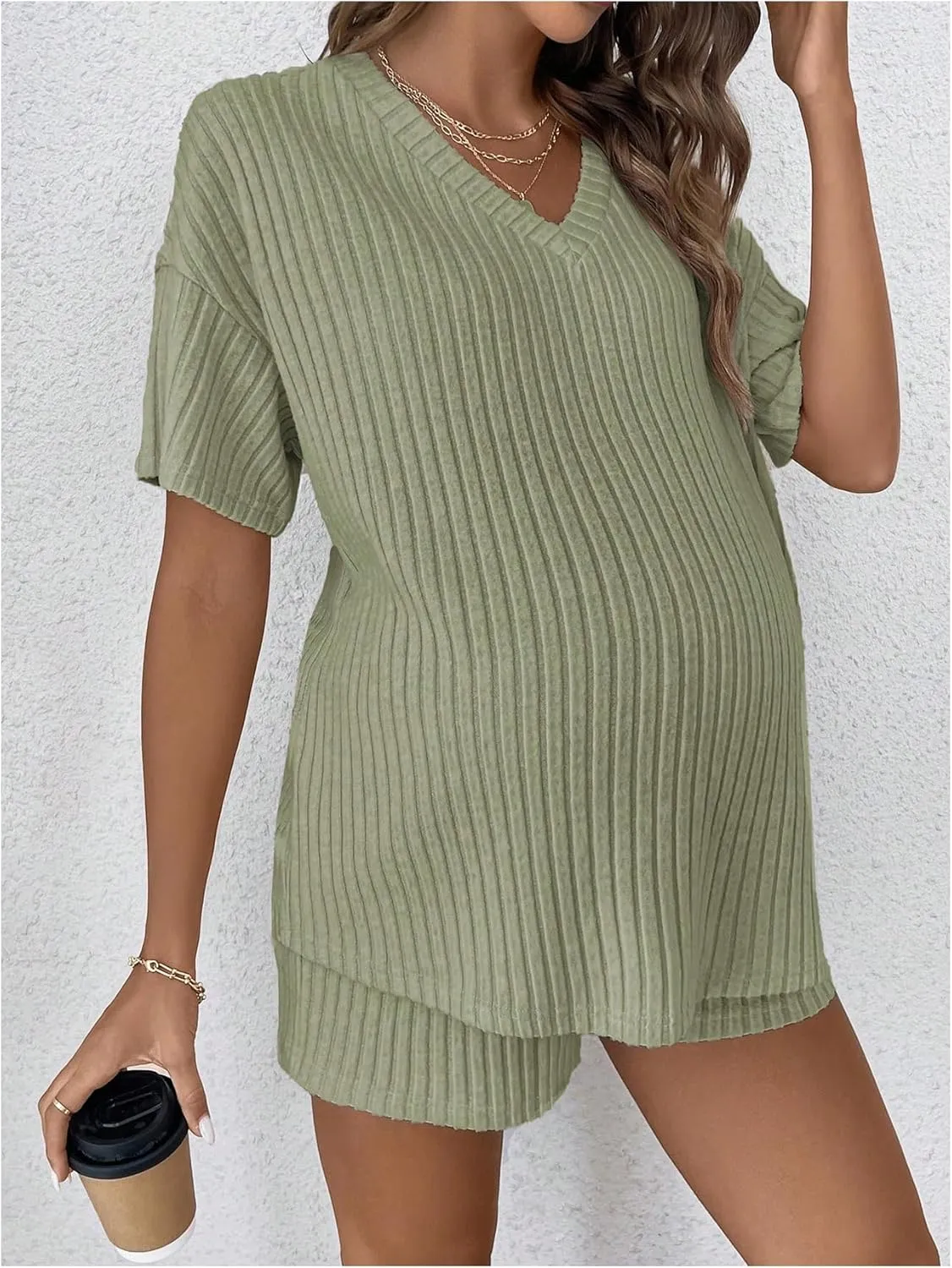 SweatyRocks Women's Maternity 2 Piece Outfits V Neck Short Sleeve Top and Elastic Waist Shorts Set