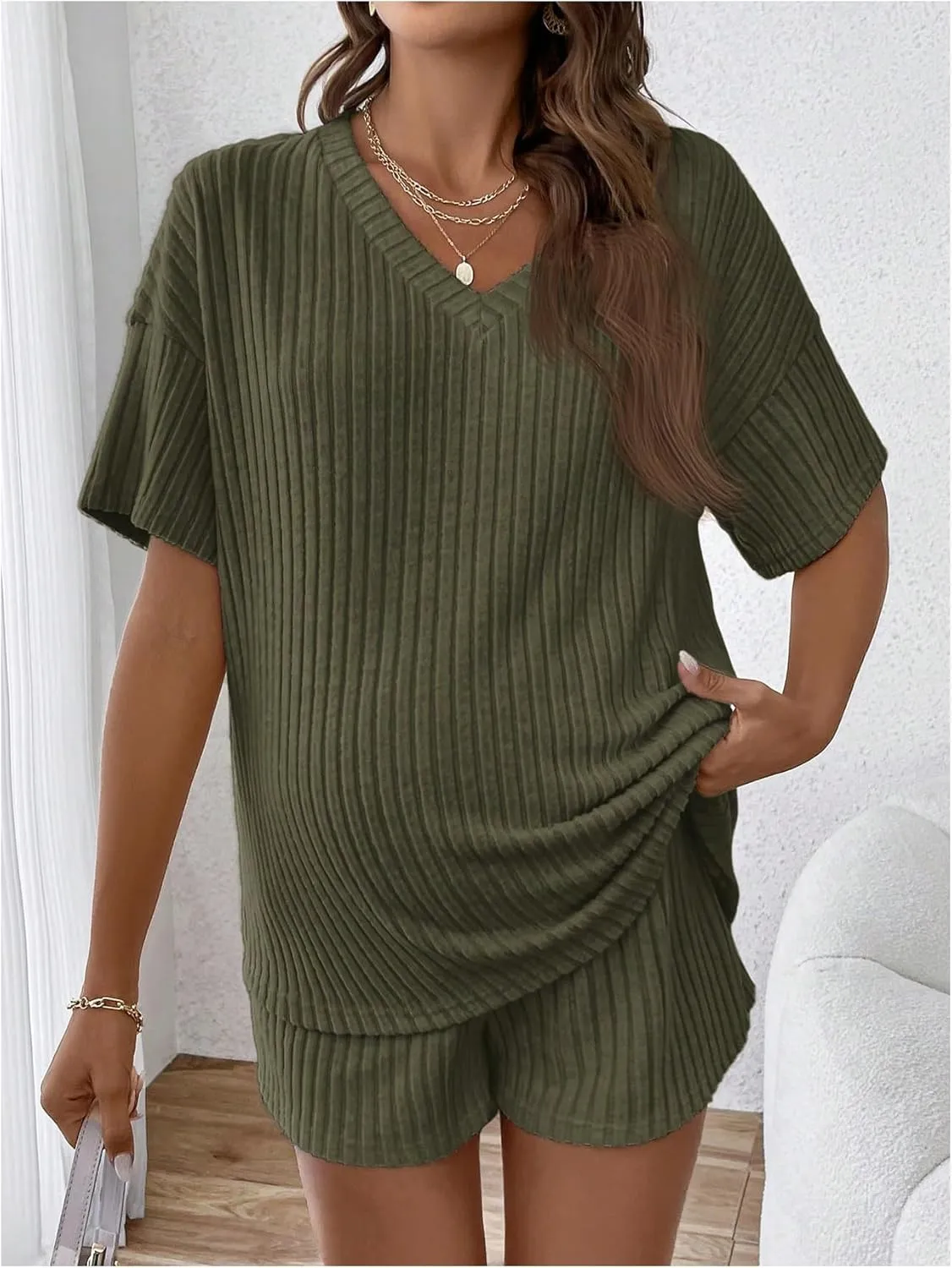 SweatyRocks Women's Maternity 2 Piece Outfits V Neck Short Sleeve Top and Elastic Waist Shorts Set