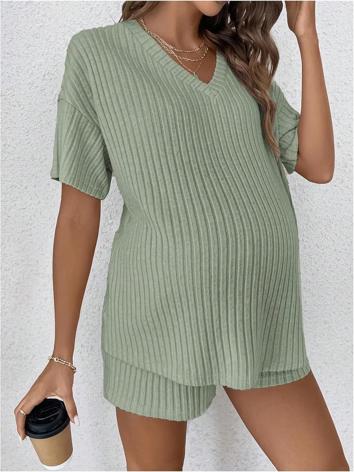 SweatyRocks Women's Maternity 2 Piece Outfits V Neck Short Sleeve Top and Elastic Waist Shorts Set
