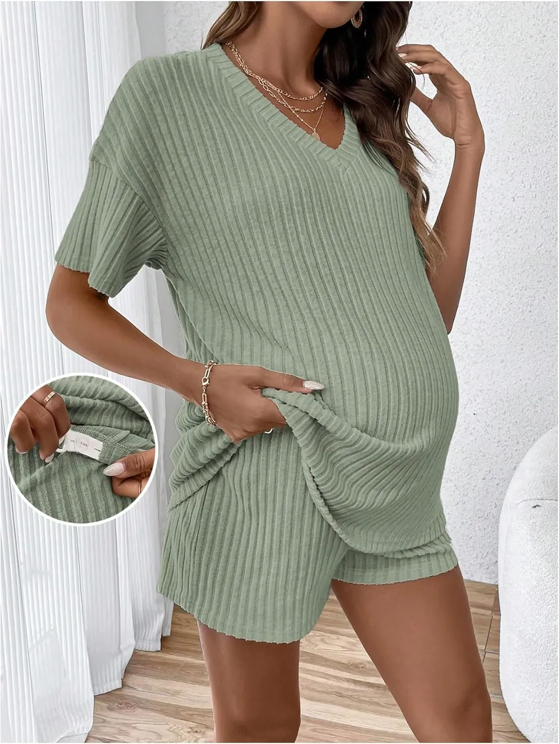 SweatyRocks Women's Maternity 2 Piece Outfits V Neck Short Sleeve Top and Elastic Waist Shorts Set