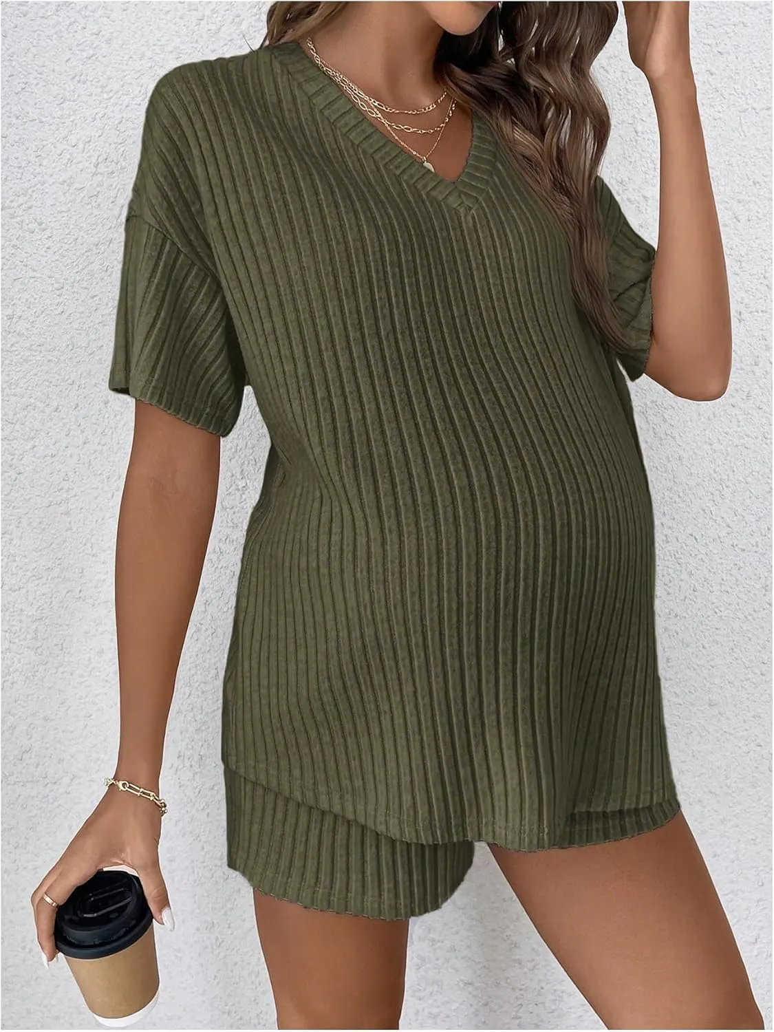 SweatyRocks Women's Maternity 2 Piece Outfits V Neck Short Sleeve Top and Elastic Waist Shorts Set