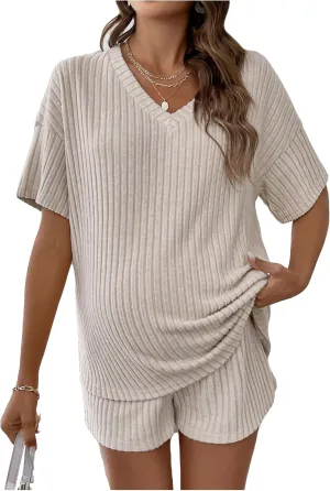SweatyRocks Women's Maternity 2 Piece Outfits V Neck Short Sleeve Top and Elastic Waist Shorts Set